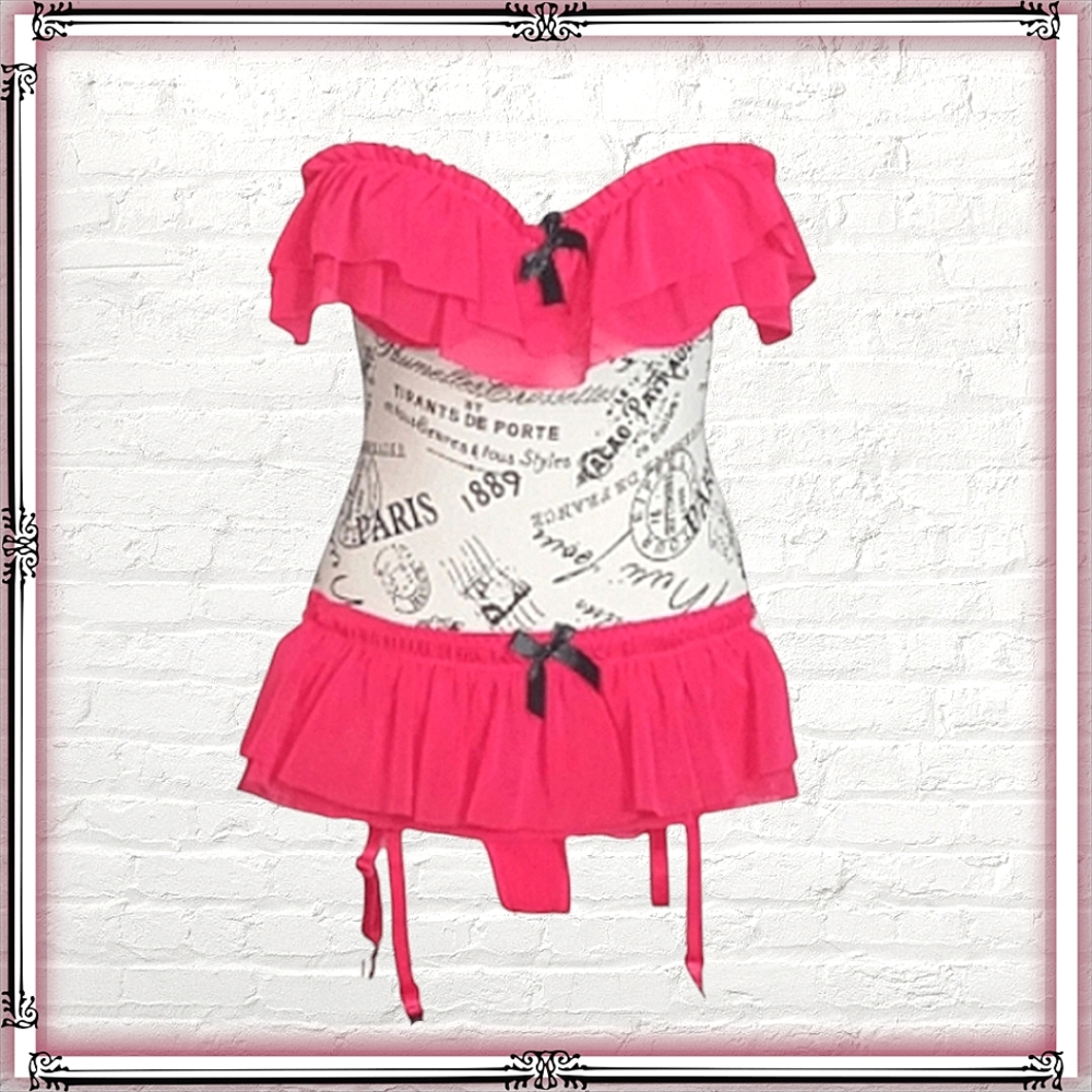Blu Chic Hot Pink Ruffled Bra & Garter Set Size Small